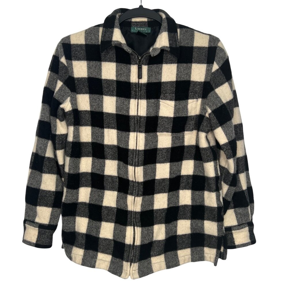 Lauren Ralph Lauren Wool Flannel Shacket Black White Check Medium Full Zip Women